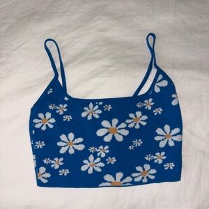 Blue Floral Knit Cropped Tank Top